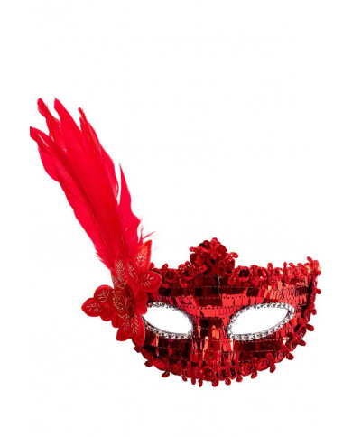 Plastic mask with red sequins, decorated with feathers on one