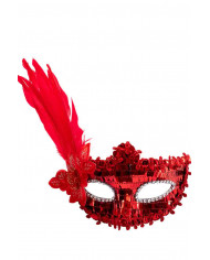 Plastic mask with red sequins, decorated with feathers on one Plastic mask with red sequins, decorated with feathers on one