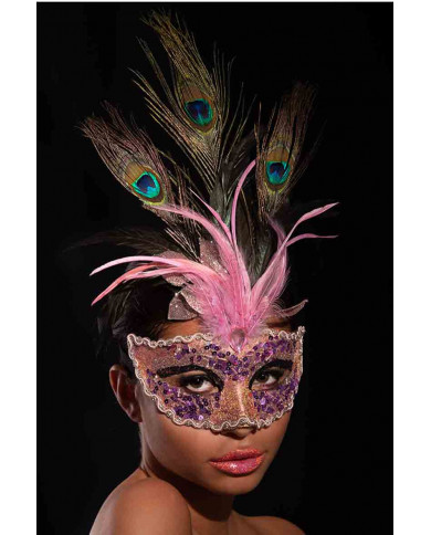 Half face mask in pink fabric decorated with sequins, glitter