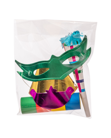 Ensemble de fête (chapeau de fête, trompette 20 cm environ, serpentin, masque) dans une pochette