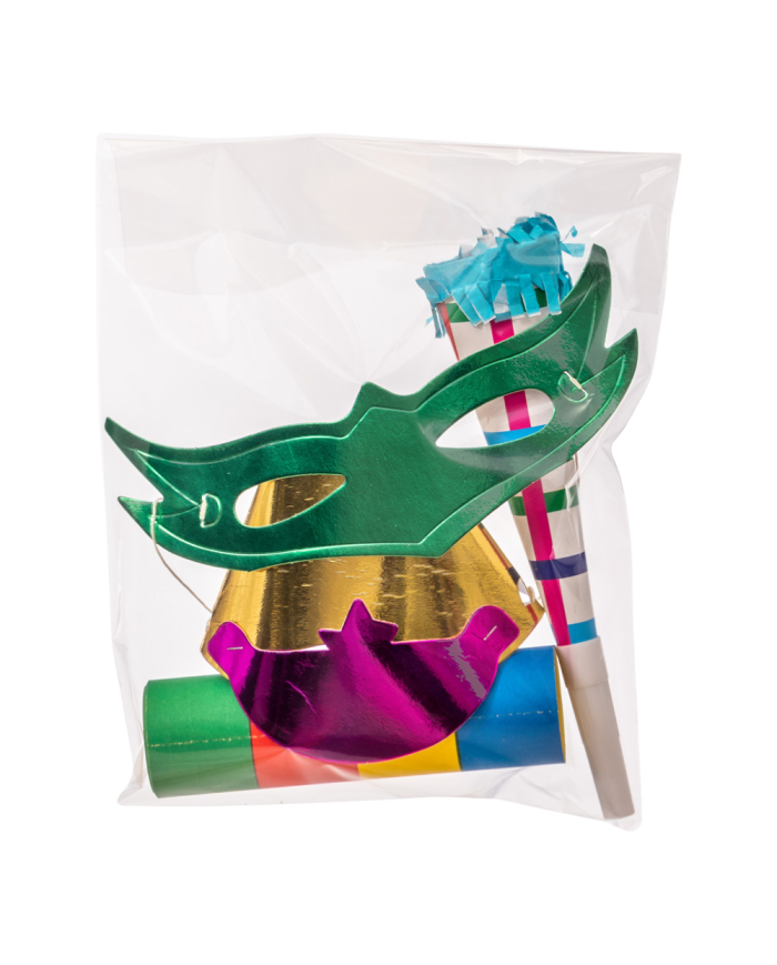 Ensemble de fête (chapeau de fête, trompette 20 cm environ, serpentin, masque) dans une pochette