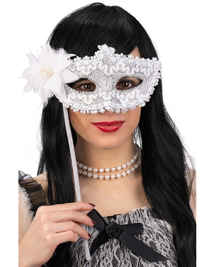 White fabric mask with flower and stick with hangtag/label