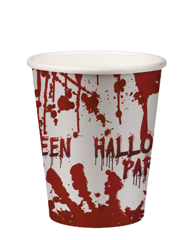 6 gobelets en papier HAPPY HALLOWEEN sanglants, conditionnés dans du film thermorétractable, avec étiquette volante /...