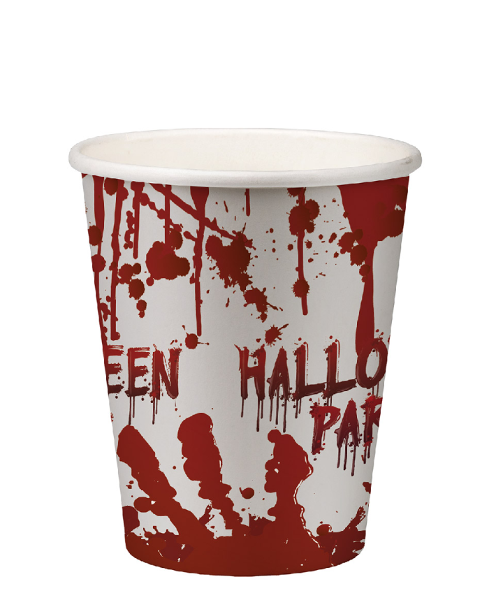 6 vasos de papel HAPPY HALLOWEEN ensangrentados en film retráctil con etiqueta colgante/etiqueta adhesiva