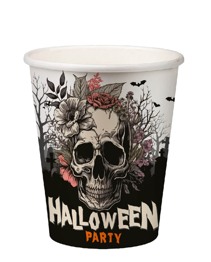 6 vasos de papel HAPPY HALLOWEEN calaveras en film retráctil con etiqueta colgante/etiqueta adhesiva