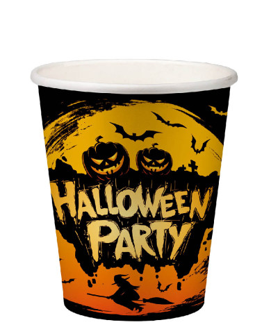 6 paper orange glasses in bag with label