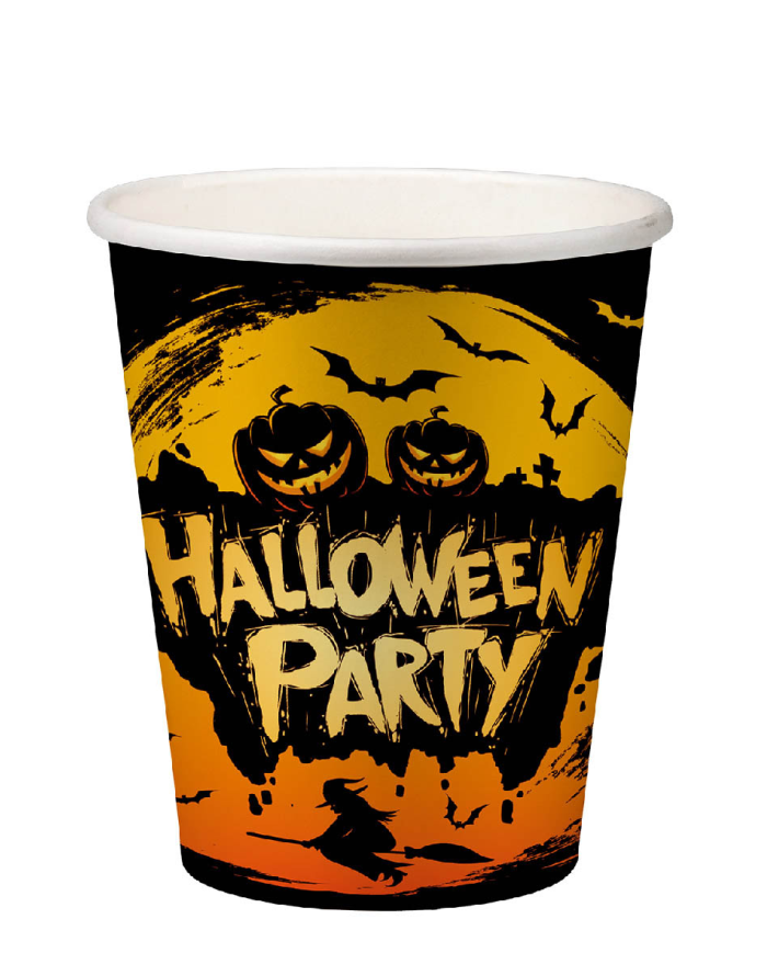 6 vasos de papel HAPPY HALLOWEEN naranjas en film retráctil con etiqueta colgante/etiqueta adhesiva