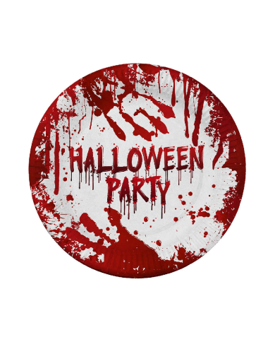 6 piatti in carta HAPPY HALLOWEEN insanguinati diam.cm.23 ca. in termoretraibile con cartellino/etichetta
