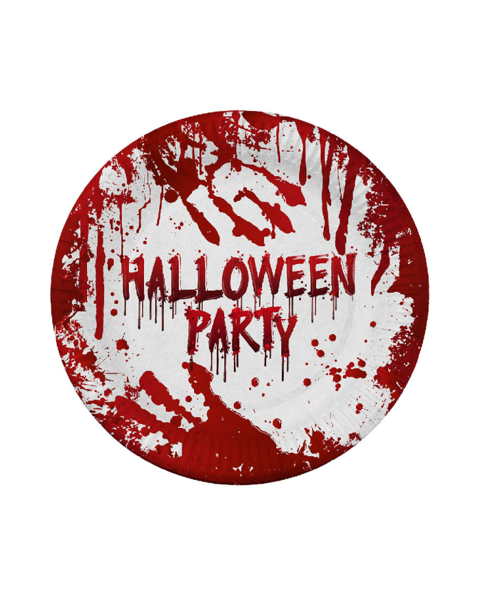 6 piatti in carta HAPPY HALLOWEEN insanguinati diam.cm.23 ca. in termoretraibile con cartellino/etichetta