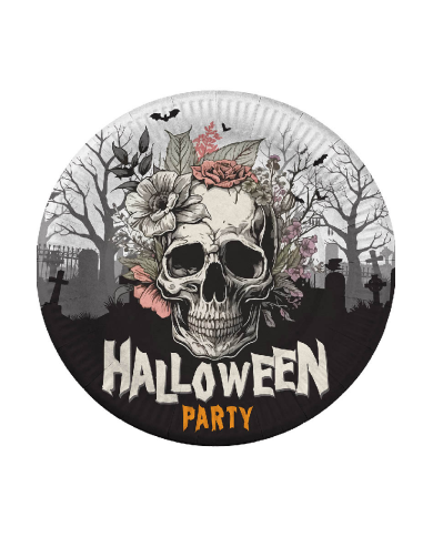 6 piatti in carta HAPPY HALLOWEEN teschio diam.cm.23 ca. in termoretraibile con cartellino/etichetta