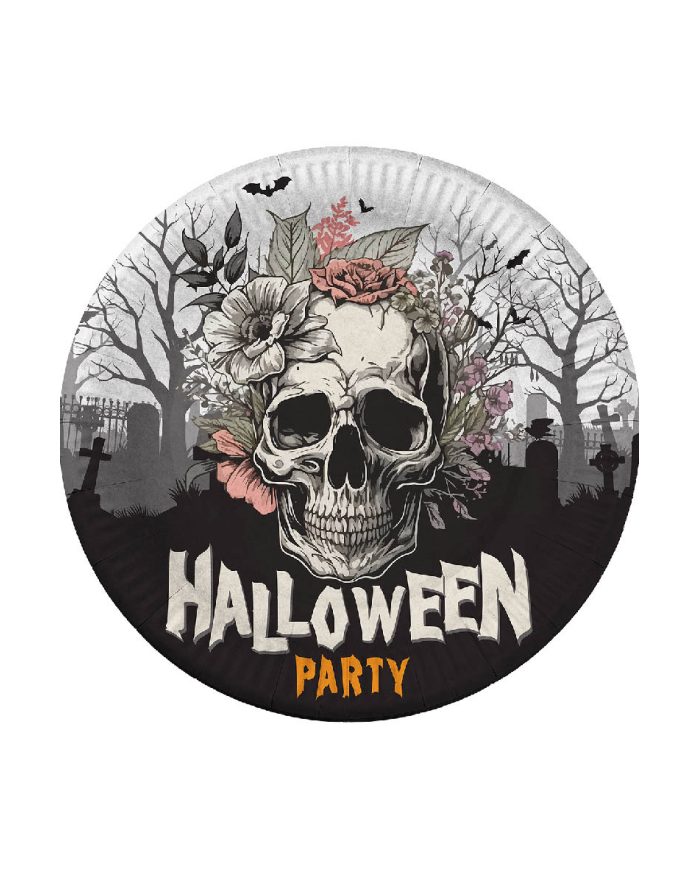 6 Papierteller HAPPY HALLOWEEN, Totenkopf, Durchm. ca. 23 cm in Schrumpfolienverpackung mit Pappschild/Etikett