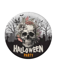 6 Papierteller HAPPY HALLOWEEN, Totenkopf, Durchm. ca. 23 cm in Schrumpfolienverpackung mit Pappschild/Etikett