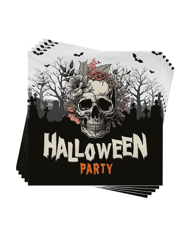 12 Papierservietten HAPPY HALLOWEEN, Totenkopf, ca. 16,5 x 16,5 cm in Schrumpfolienverpackung mit Pappschild/Etikett