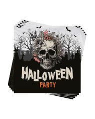 12 serviettes en papier HAPPY HALLOWEEN tête de mort 16,5x16,5 cm env., conditionnées dans du film thermorétractable...