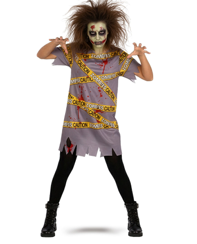 Déguisement Caution zombie girl dans un sachet avec crochet