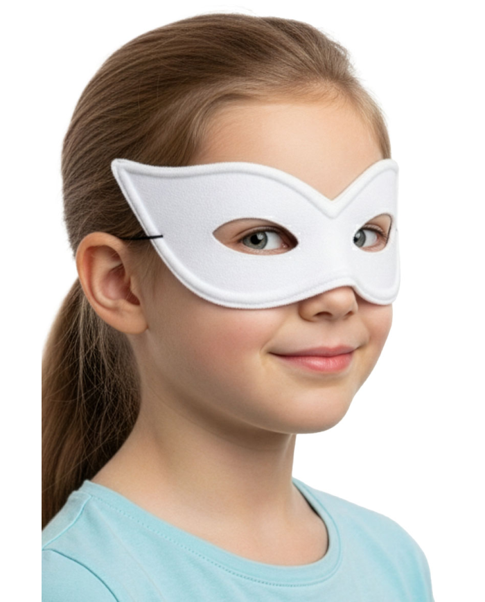 Weiße Maske aus Satin mit Pappschild/Etikett