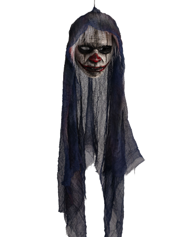 Clown-Maske mit Kapuze aus handbemaltem Kunststoff mit Pappschild/Etikett