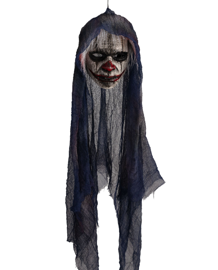 Maschera clown con cappuccio in plastica pitturata a mano con cartellino/etichetta