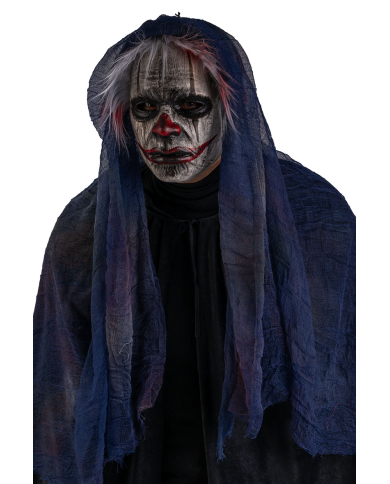 Clown-Maske mit Kapuze aus handbemaltem Kunststoff mit Pappschild/Etikett