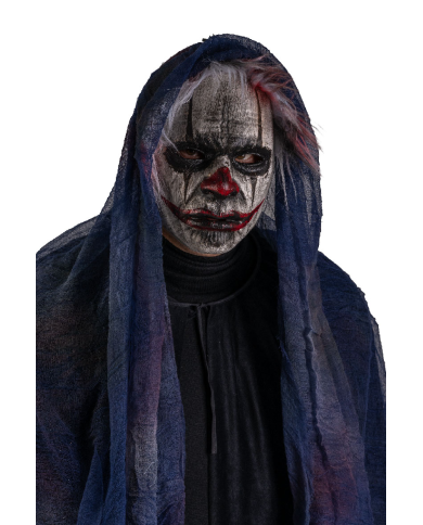 Clown-Maske mit Kapuze aus handbemaltem Kunststoff mit Pappschild/Etikett