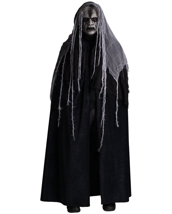 Horrormaske mit Kapuze aus handbemaltem Kunststoff mit Pappschild/Etikett