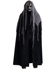 Horrormaske mit Kapuze aus handbemaltem Kunststoff mit Pappschild/Etikett