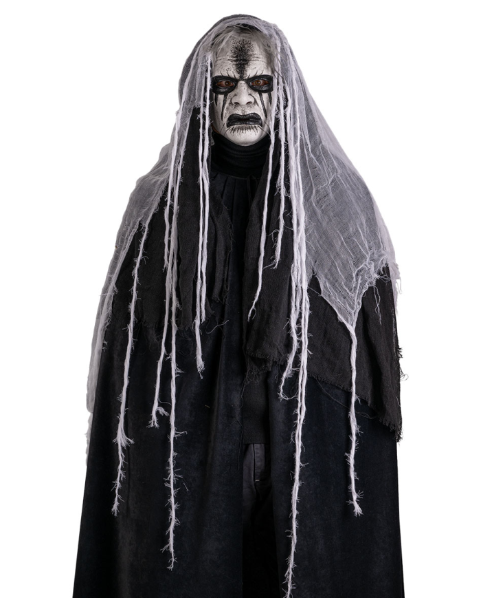 Horrormaske mit Kapuze aus handbemaltem Kunststoff mit Pappschild/Etikett