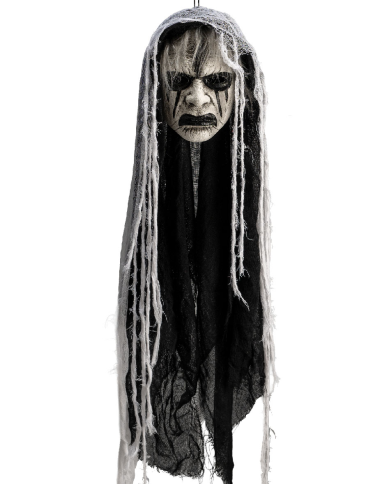 Masque horreur avec capuche en plastique peint à la main avec étiquette volante/étiquette