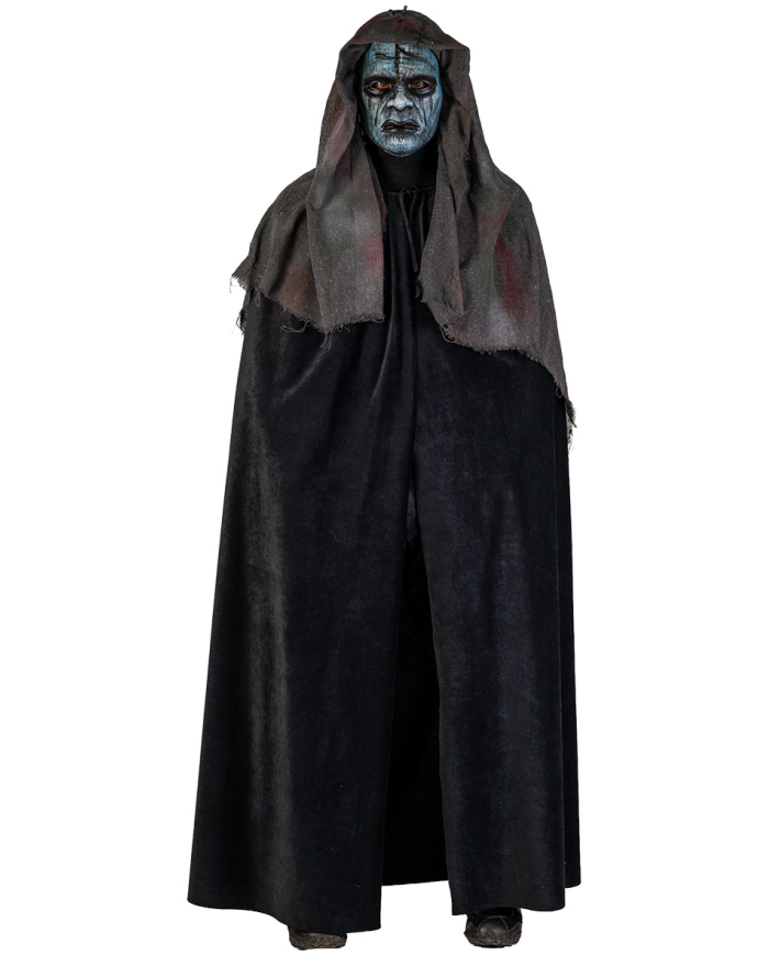 Zombie-Maske mit Kapuze aus handbemaltem Kunststoff mit Pappschild/Etikett