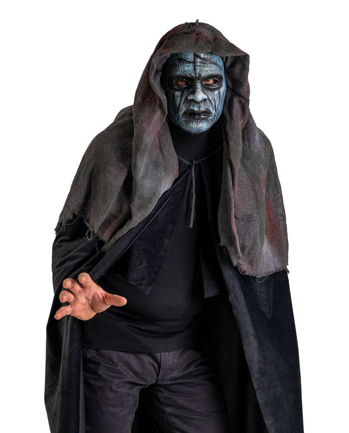 Zombie-Maske mit Kapuze aus handbemaltem Kunststoff mit Pappschild/Etikett