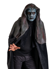 Zombie-Maske mit Kapuze aus handbemaltem Kunststoff mit Pappschild/Etikett