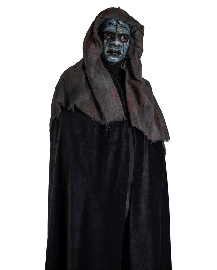 Zombie-Maske mit Kapuze aus handbemaltem Kunststoff mit Pappschild/Etikett