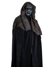 Hand-painted plastic hooded zombie mask with hangtag/label