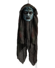 Zombie-Maske mit Kapuze aus handbemaltem Kunststoff mit Pappschild/Etikett