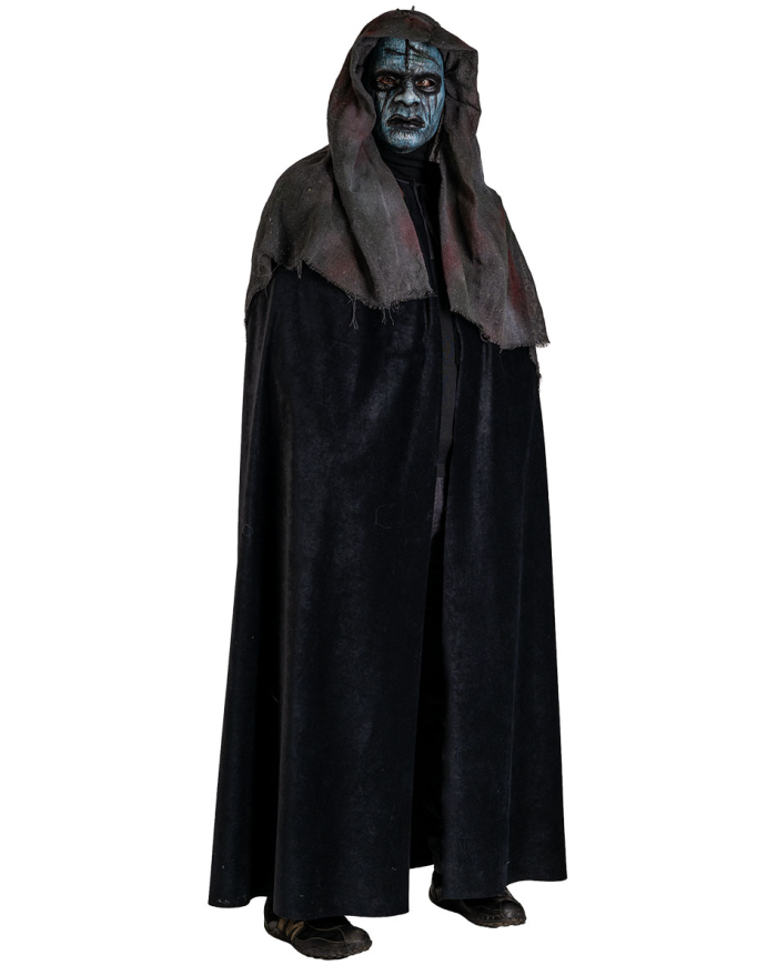 Zombie-Maske mit Kapuze aus handbemaltem Kunststoff mit Pappschild/Etikett