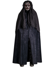 Horrormaske mit Kapuze aus handbemaltem Kunststoff mit Pappschild/Etikett