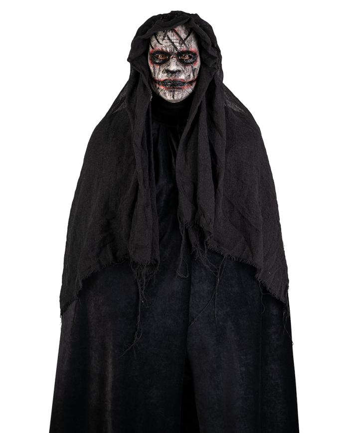 Horrormaske mit Kapuze aus handbemaltem Kunststoff mit Pappschild/Etikett