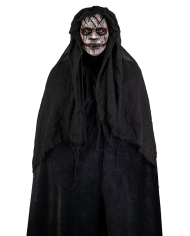 Horrormaske mit Kapuze aus handbemaltem Kunststoff mit Pappschild/Etikett