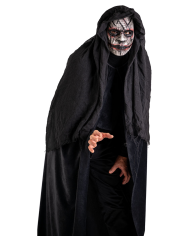 Horrormaske mit Kapuze aus handbemaltem Kunststoff mit Pappschild/Etikett