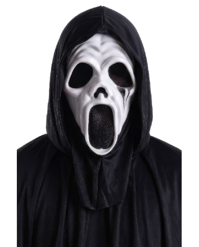 Maschera fantasma in plastica con cappuccio con cavallotto