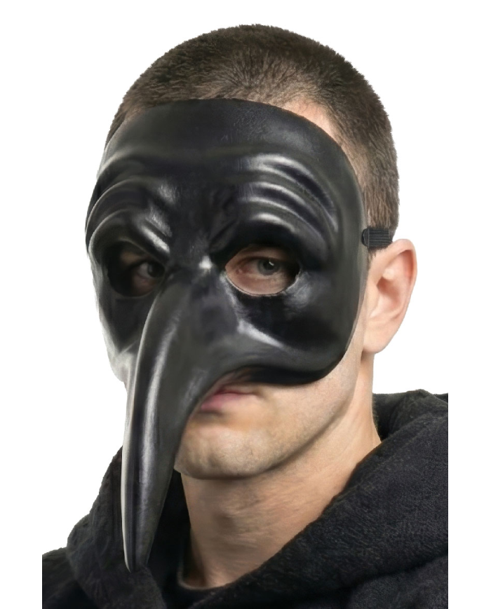 Schwarze Maske mit langer Nase aus Kunststoff mit Pappschild/Etikett