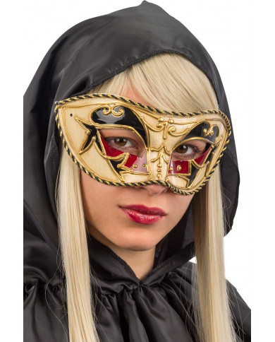 Chinless mask in plastic with embossed decorations, trimmings