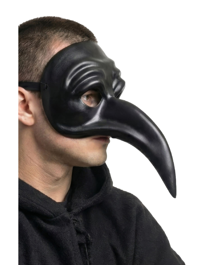 Schwarze Maske mit langer Nase aus Kunststoff mit Pappschild/Etikett