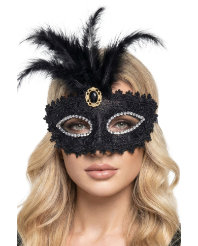 Masque en plastique damassé noir avec diadème et plumes sur papier cartonné