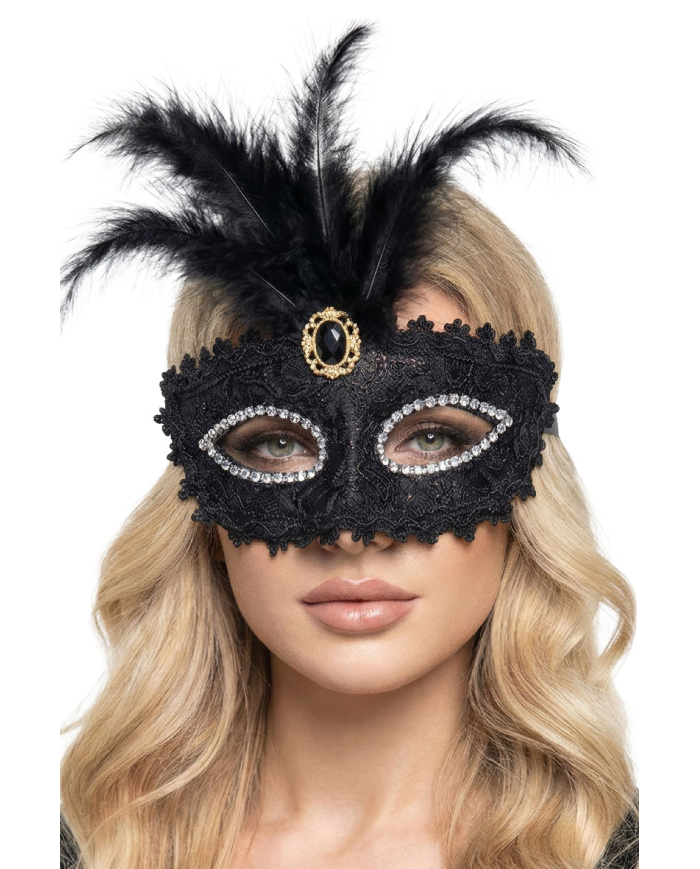 Masque en plastique damassé noir avec diadème et plumes sur papier cartonné