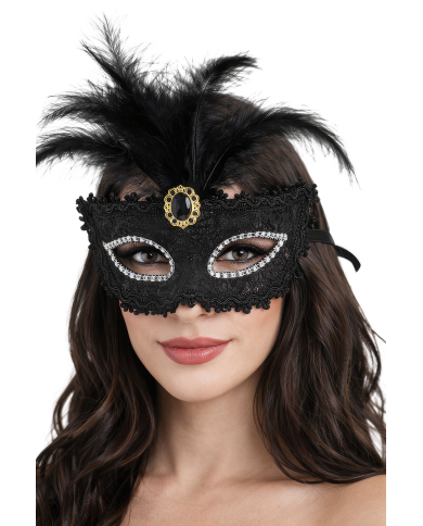 Masque en plastique damassé noir avec diadème et plumes sur papier cartonné