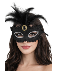 Masque en plastique damassé noir avec diadème et plumes sur papier cartonné