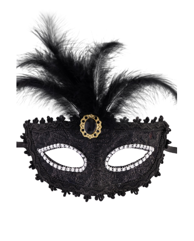 Masque en plastique damassé noir avec diadème et plumes sur papier cartonné