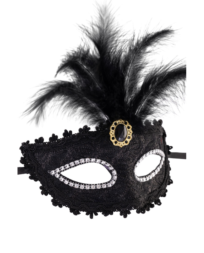Black damask plastic mask with diadem and feathers on card