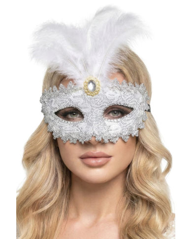 Masque en plastique damassé argenté avec diadème et plumes sur papier cartonné